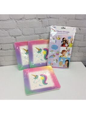 Rainbow Unicorn Birthday Party Plates (3 Pks) & Photo Booth Props Paper Sparkle